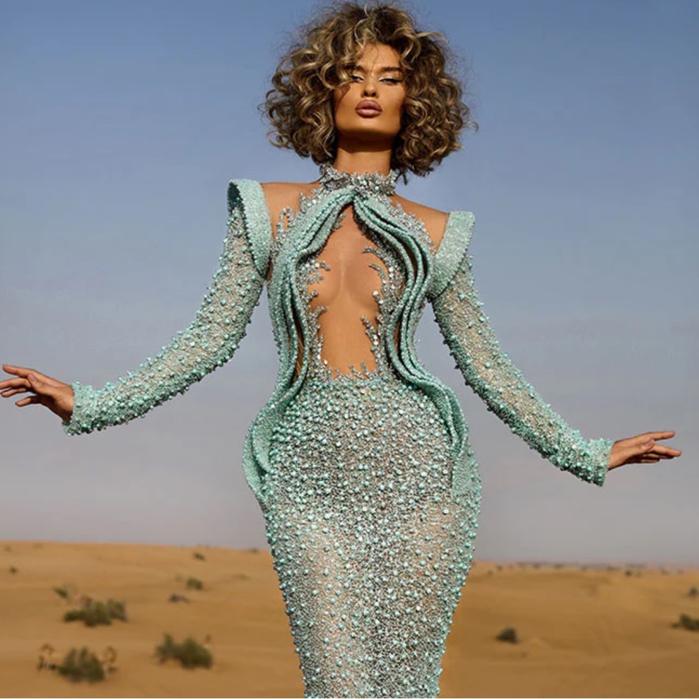 Albina Dyla Elegant Mint Green Embellished Dress